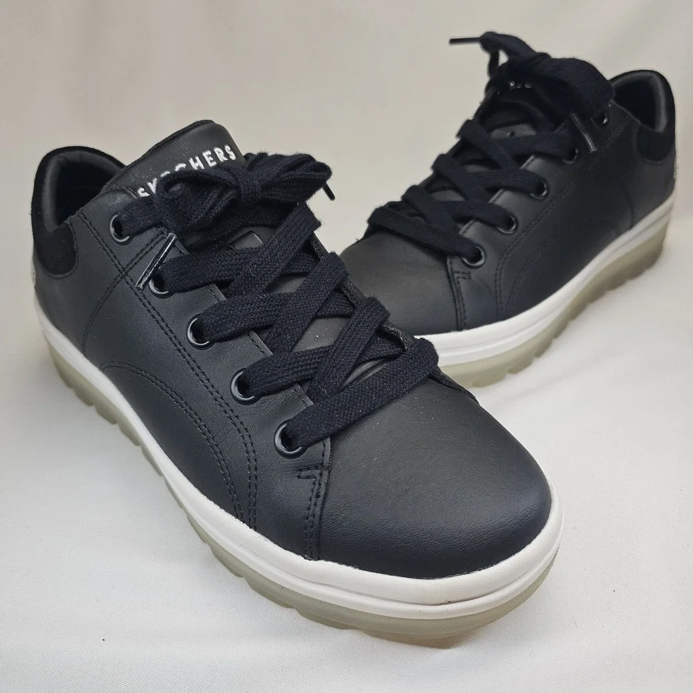 Skechers Black Leather Lace Up Sneakers Thick Midsole Air‎ Cooled Memory Foam